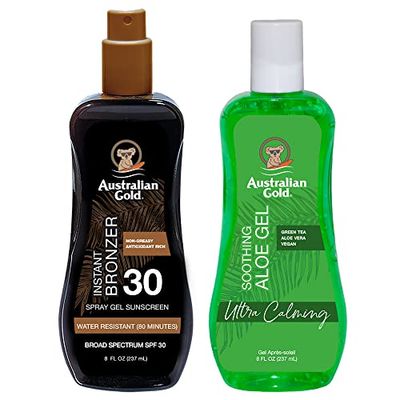 Australian Gold Sunscreen Gel Spray with Bronzer Soothing After Sun Aloe Vera Gel, Hydrating Sunburn Relief &amp; Broad Spectrum UVA/UVB SPF 15 Sunscreen Spray, Water Resistant, Vegan Skin Care Set