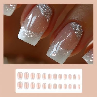 Rchovsam Short Press on Nails Square White Fake Nails French Tip Design False Nails Press Ons Summer Silver Glitter Stick on Nails Full Cover Artificial Nails Gift for Women 24pcs