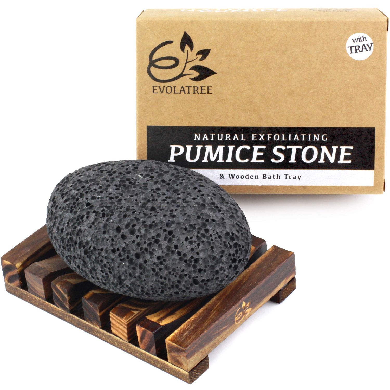 Evolatree Pumice Stone for Feet - Lava Foot Scrub, Cleaning &amp; Exfoliating Dead Skin, Corn &amp; Callus Remover for Hands Heels - Shower Bath Foot Scrubber &amp; Scraper Pedicure Care w/Bonus Wooden Soap Tray