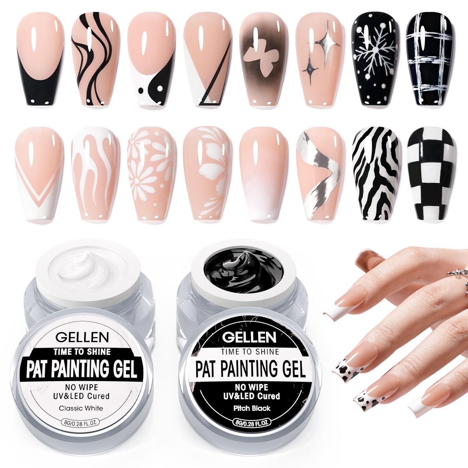 GELLEN Nail Painting Gel 2Pcs 8G Black &amp; White No Wipe Pat Painting Nail Gel for Drawing Striper Floral Painting Gel Polish Nail Art for Salon Home DIY Manicure, UV/LED Curing Required