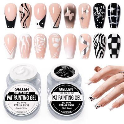 GELLEN Nail Painting Gel 2Pcs 8G Black &amp; White No Wipe Pat Painting Nail Gel for Drawing Striper Floral Painting Gel Polish Nail Art for Salon Home DIY Manicure, UV/LED Curing Required