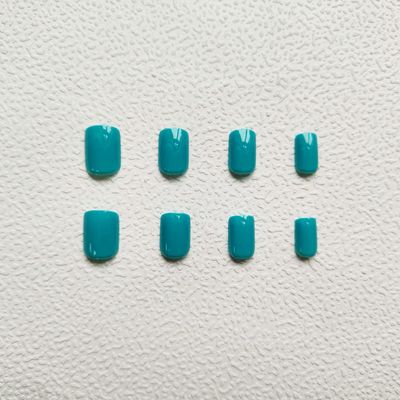 KKUUOO Square Press on Nails Short Fake Cyan False with Solid Color Design Full Cover Acrylic Glossy Glue Cute Stick for Women and Girls DIY Manicure 24Pcs