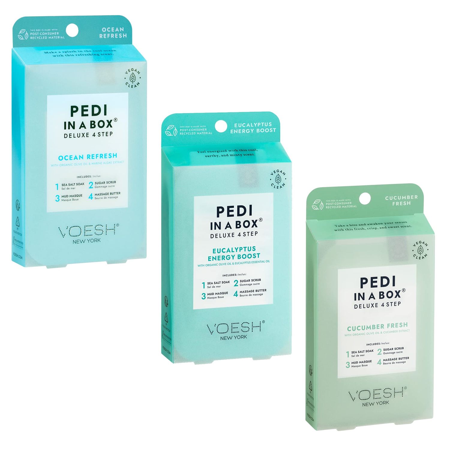 VOESH Pedi in a Box 4 Step Fresh Trio - 3 Pack of Ocean Refresh, Eucalyptus Energy Boost, &amp; Cucumber Fresh Pedicure Set, DIY Pedi, Foot Spa
