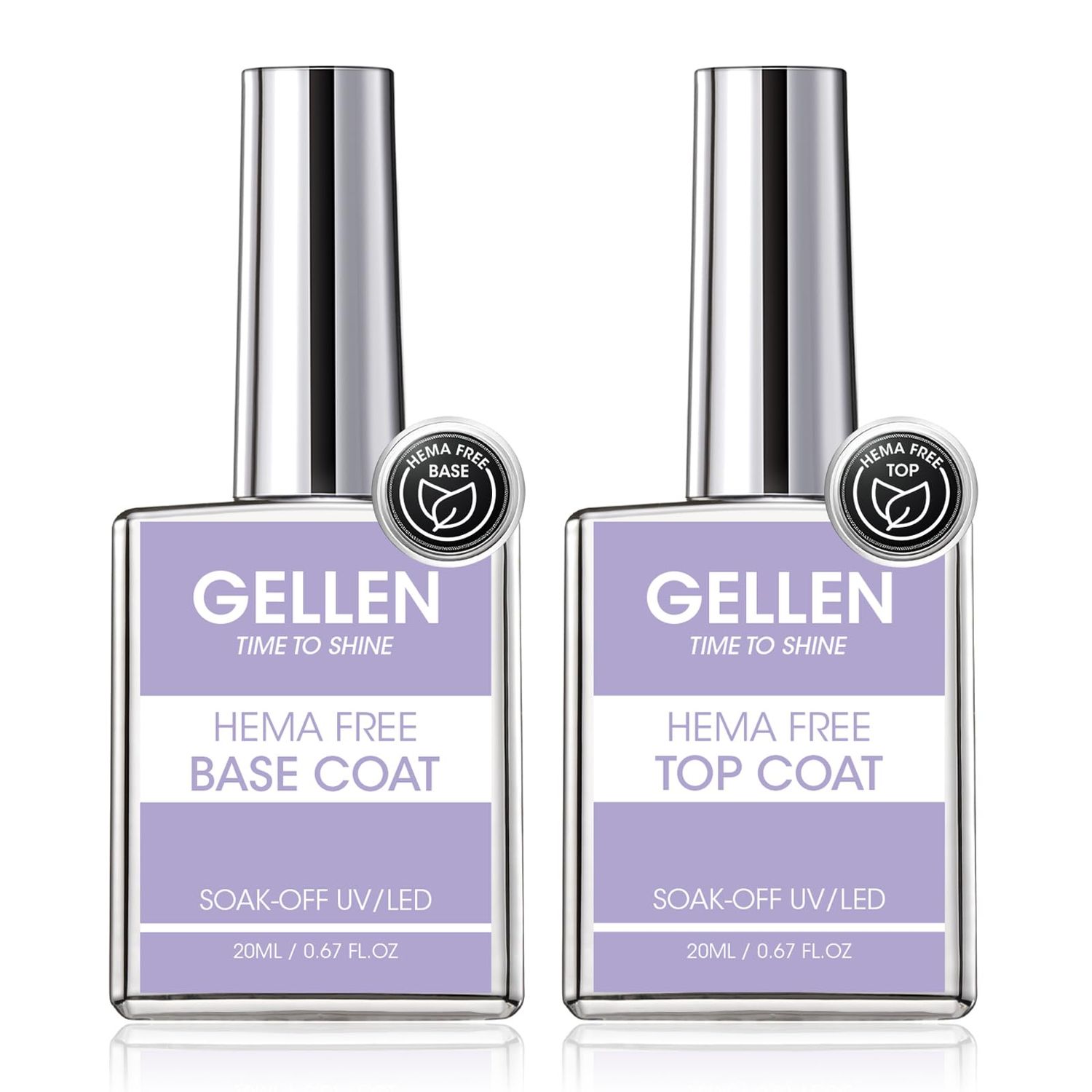 GELLEN Hema-Free Gel Base and Top Coat, 20ml Glossy Top Coat and Base Coat for Gel Nail Polish, No Wipe Soak Off Curing Needed Clear Nail Polish, Sensitive Skin Safe, Easy DIY Manicure Set