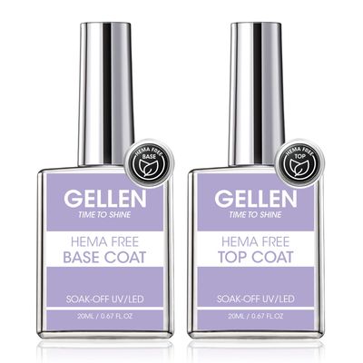GELLEN Hema-Free Gel Base and Top Coat, 20ml Glossy Top Coat and Base Coat for Gel Nail Polish, No Wipe Soak Off Curing Needed Clear Nail Polish, Sensitive Skin Safe, Easy DIY Manicure Set