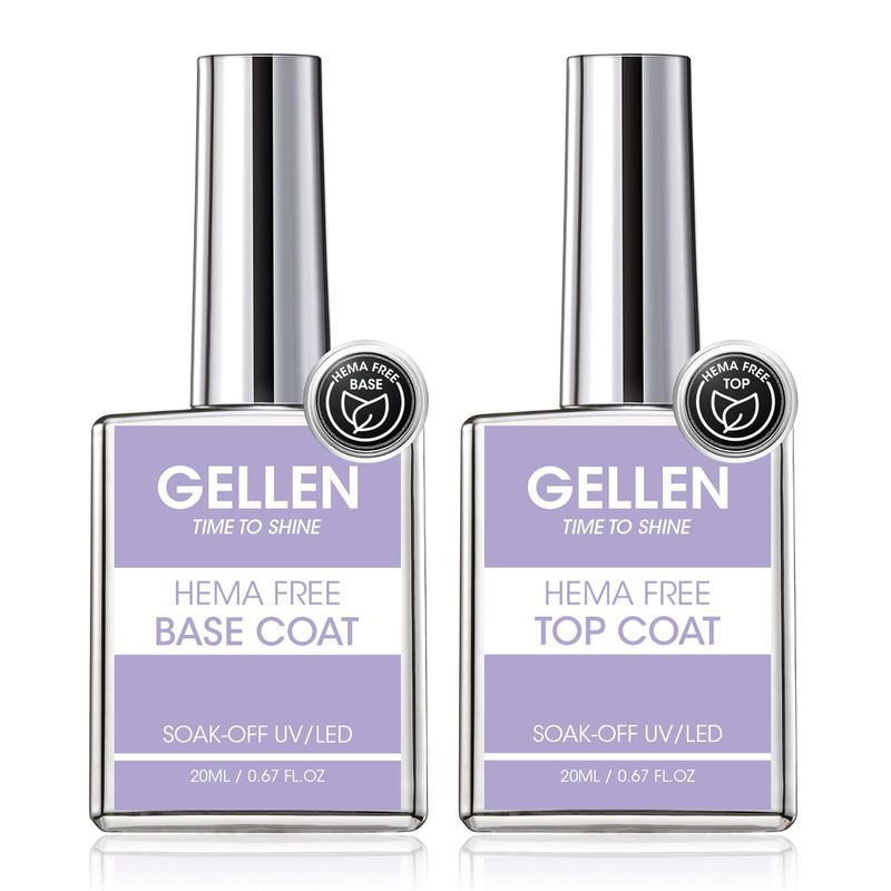 GELLEN Hema-Free Gel Base and Top Coat, 20ml Glossy Top Coat and Base Coat for Gel Nail Polish, No Wipe Soak Off Curing Needed Clear Nail Polish, Sensitive Skin Safe, Easy DIY Manicure Set