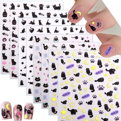 Black Cat Nail Art Stickers, 8 Sheets, Halloween Cat Nail Stickers,Cartoon Animal Self-Adhesive Nail Decals Supplies Cute Cartoon Manicure Sliders for Women Girls Nail Art Decorations