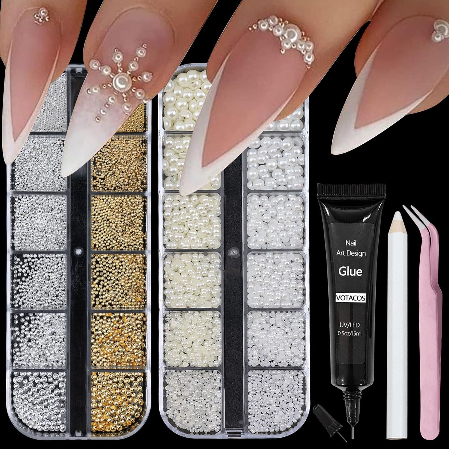 VOTACOS Nail Art Pearls with Nail Rhinestones Glue Gel Flatback Pearls Nail Charms Luxurious Nail Supplies Accessories Gold Silver Nail Gems Jewelry Pearls for Women Nail Design
