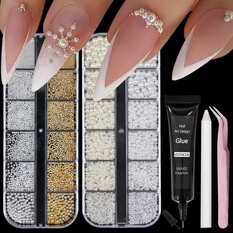 VOTACOS Nail Art Pearls with Nail Rhinestones Glue Gel Flatback Pearls Nail Charms Luxurious Nail Supplies Accessories Gold Silver Nail Gems Jewelry Pearls for Women Nail Design
