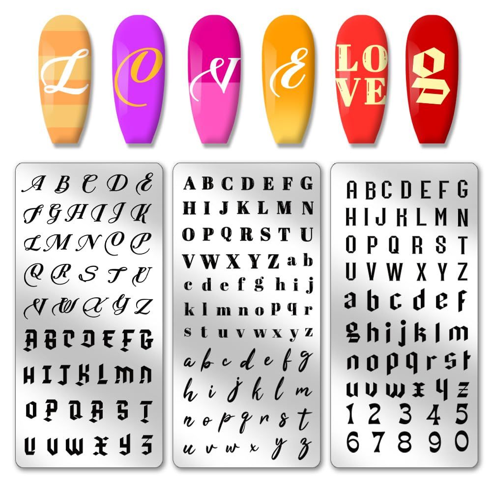 PH PandaHall 3PCS English Letter Nail Stamp Plate Personalized Letter Print Nail Stencils Stainless Steel Nail Template for English Alphabet Number Nail Art Design Image Plate 4.7x2.4 inches