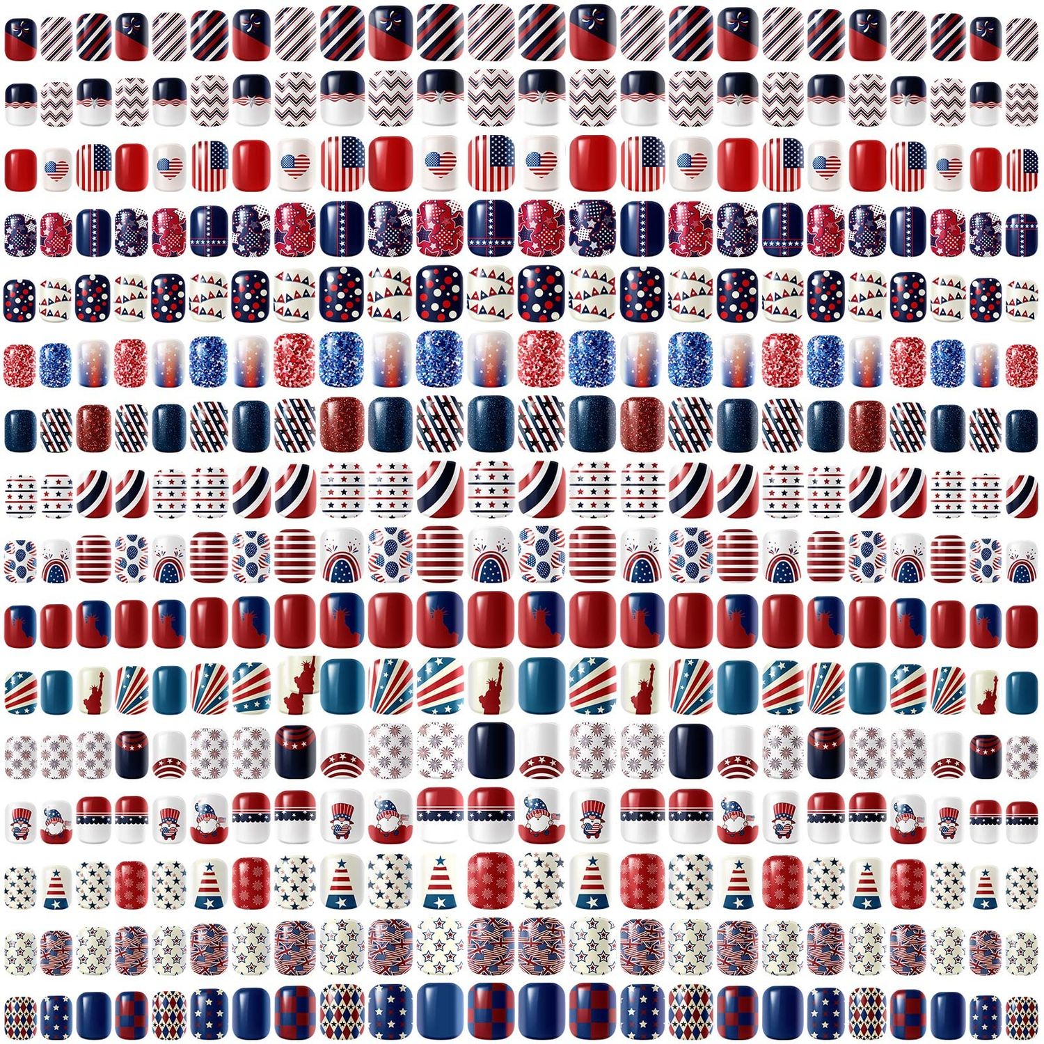384 Pieces 16 Pack 4th of July Press On Nails Patriotic Press On Nails Short Independence Day Nails Red White and Blue American Flag Nails Square False Nails Full Cover Coffin for Women Girls