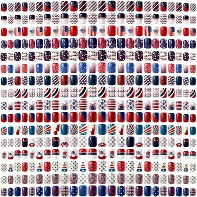 384 Pieces 16 Pack 4th of July Press On Nails Patriotic Press On Nails Short Independence Day Nails Red White and Blue American Flag Nails Square False Nails Full Cover Coffin for Women Girls