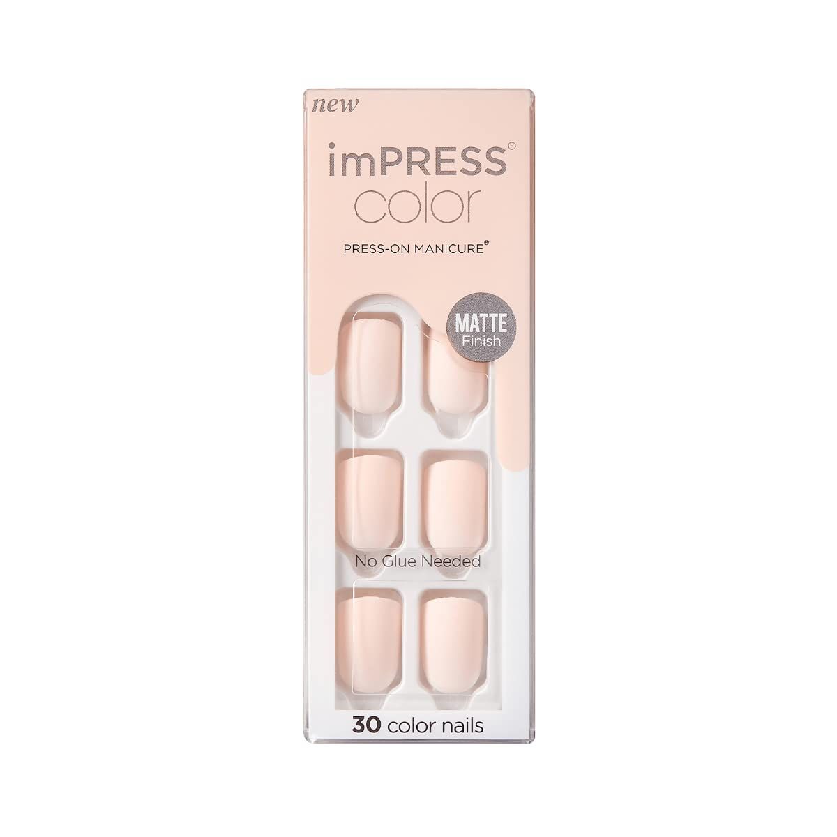 imPRESS KISS Color Press-On Manicure Fake Nails, Lovely - Short Length, Matte, Polish-Free Solid Color Mani, Includes Prep Pad, Mini File, Manicure Stick, and 30 Fake Nails