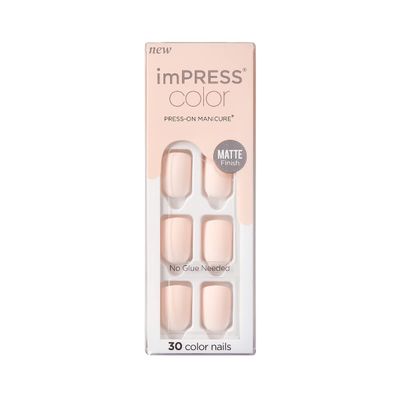 imPRESS KISS Color Press-On Manicure Fake Nails, Lovely - Short Length, Matte, Polish-Free Solid Color Mani, Includes Prep Pad, Mini File, Manicure Stick, and 30 Fake Nails