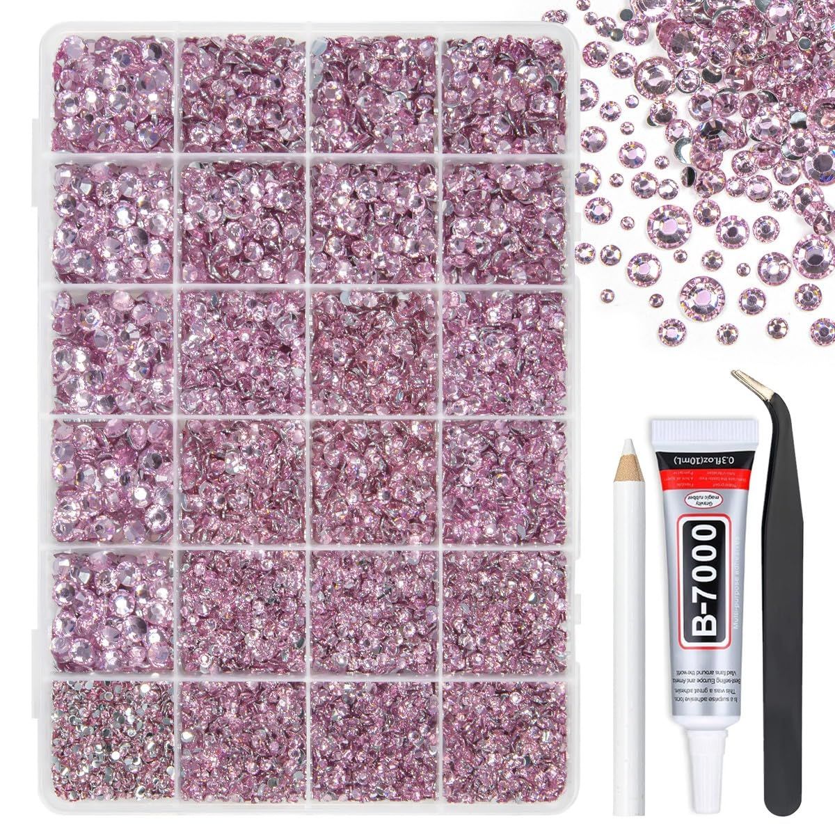 qiipii Light Pink Crystal Resin Rhinestones w B7000 Jewelry Glue for Bedazzling Crafting 2mm-6mm Flatback Stones Diamonds Crystals Gems Charms for Nails Face Eyes Makeup Tumblers Bottles Crafts Shoes