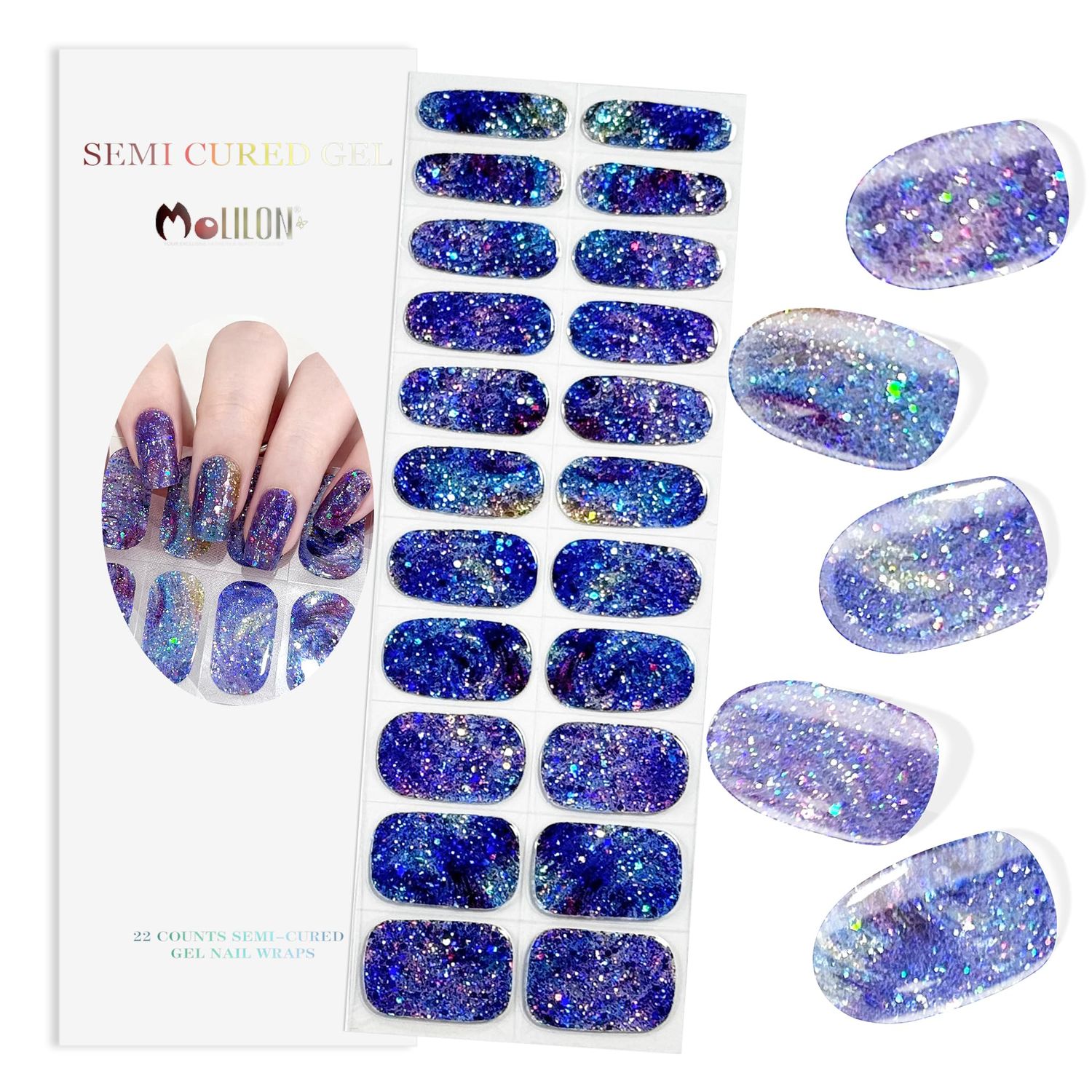 MOLILON 22 PCS Semi Cured Gel Nail Strips (Starry Sky Star) - Need UV Light | Glitter &amp; Glossy | Easy to Apply | Salon Design | Long Lasting - Include 2 Prep Pads, Nail File &amp; Wooden Stick