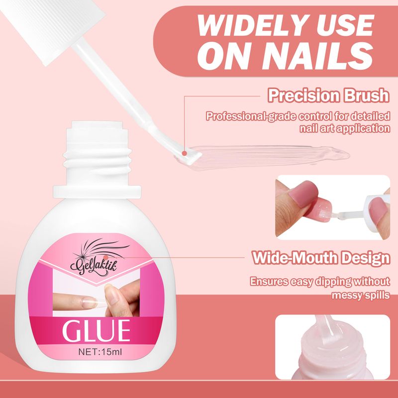 GELLAKTIK Super Strong Nail Glue for Press On Nails, 15ml Brush On Nail Glue for Acrylic Nails, Fake Nails &amp; Nail Tips, Durable &amp; Long-Lasting, Easy Application, Mess-Free &amp; Travel-Friendly