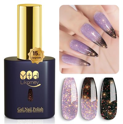 YTD Likomey Brocade Glitter Color Changing Gel Nail Polish,15ml Grayish Purple To Black Shimmer Mood Temperature Change Colors Iridescent Flakes,Spring Summer Ombre Thermal UV Gel,WB348
