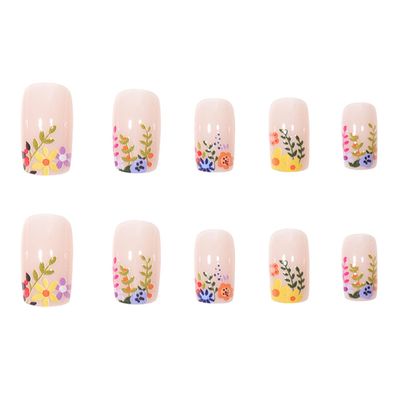 Square Press on Nails Short - TUZADNW Flower Design Short Fake Nails Press ons,24 Pcs Artificial Nude Full Cover Glue on Nails Glossy Stick on Acrylic Nails for Women