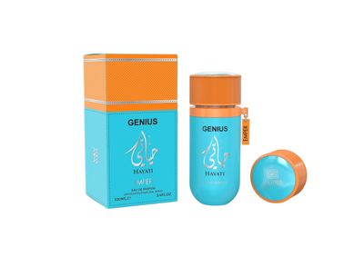 Genius Hayati Eau De Parfum, 3.4 FL OZ, 100ml, Turquoise and Orange