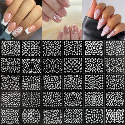 30 Sheets White Flower Nail Art Stickers 3D Self Adhesive White Flower Nail Sticker Design Small Floral with Rhinestones Nail Art Decals Spring Summer Nail Supplies for Women Girls Manicure Decoration