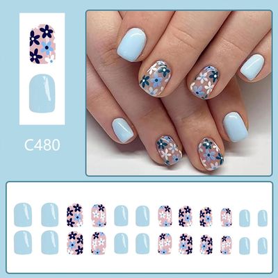Tyuimhx Blue Flowers Press on Nails Square Short Fake Nails Light Blue False Nails Glossy Full Cover Stick on Nails Acrylic Spring Floral Artificial Nails for Women Girls Glue on Nails 24Pcs