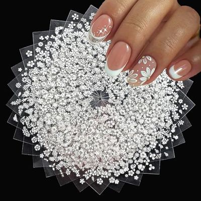 30 Sheets White Flower Nail Art Stickers 3D Self Adhesive White Flower Nail Sticker Design Small Floral with Rhinestones Nail Art Decals Spring Summer Nail Supplies for Women Girls Manicure Decoration