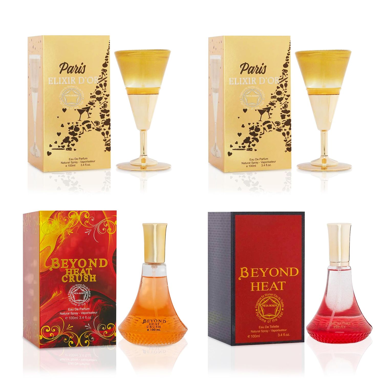 META-BOSEM 2 PARIS ELIXIR2 BEYOND HEAT, Fragrance for Women Collection Bottle, Eau de Parfum Natural Spray - Feminine Scent (Pack of 4) Each 3.4 Fl Oz, Total 13.6 Oz