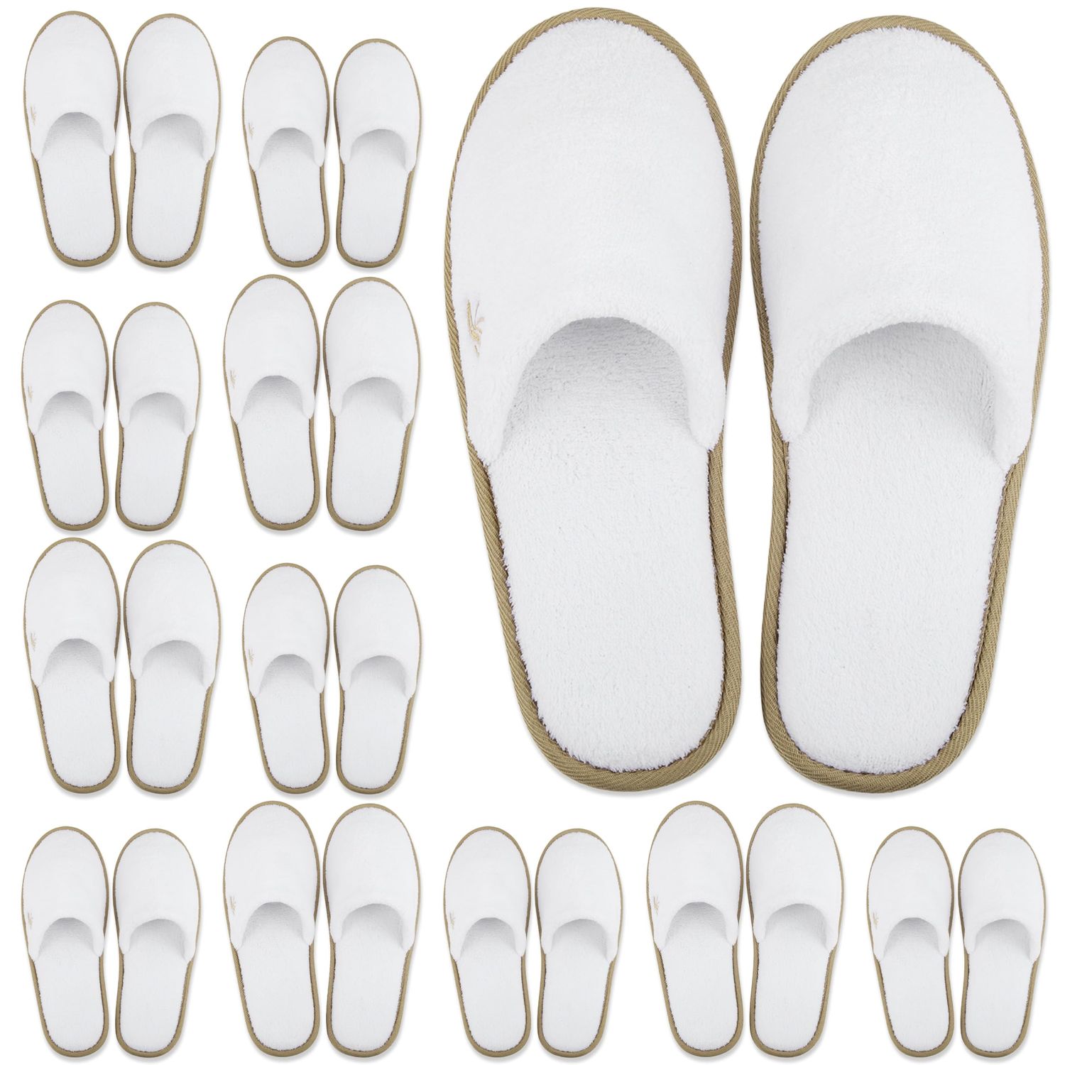 BERGMAN KELLY Spa Slippers, Closed Toe (Medium &amp; Large, 12 Pairs, White Cocoa Trim), Disposable Indoor Hotel Slippers for Men and Women, Fluffy Coral Fleece, Deluxe Padded Sole for Extra Comfort