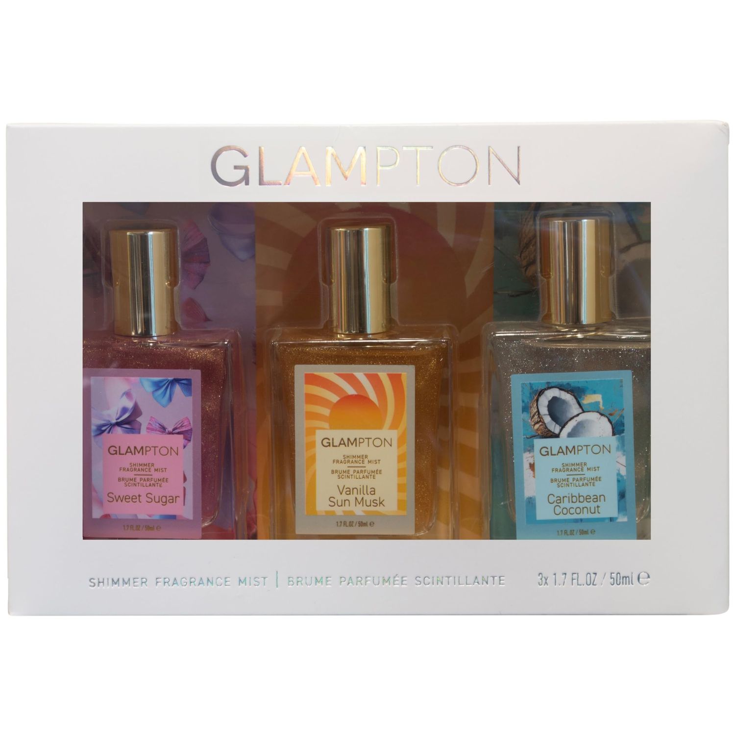 Glampton Shimmer Fragrance Mist Gift Set, Sweet Sugar, Vanilla Sun Musk, Caribbean Coconut, 1.7 Fl Oz Each, 3 Pack