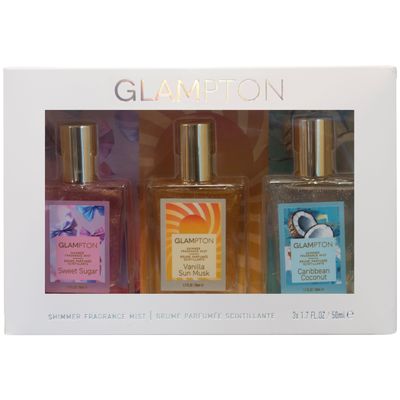 Glampton Shimmer Fragrance Mist Gift Set, Sweet Sugar, Vanilla Sun Musk, Caribbean Coconut, 1.7 Fl Oz Each, 3 Pack