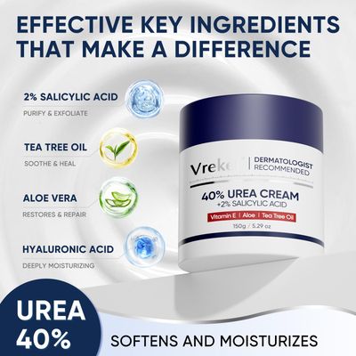 VREKEF Urea Cream 40 Percent for Feet Maximum Strength, Urea Cream 40 Plus Salicylic Acid 2, Foot &amp; Hand Cream for Dry Cracked
