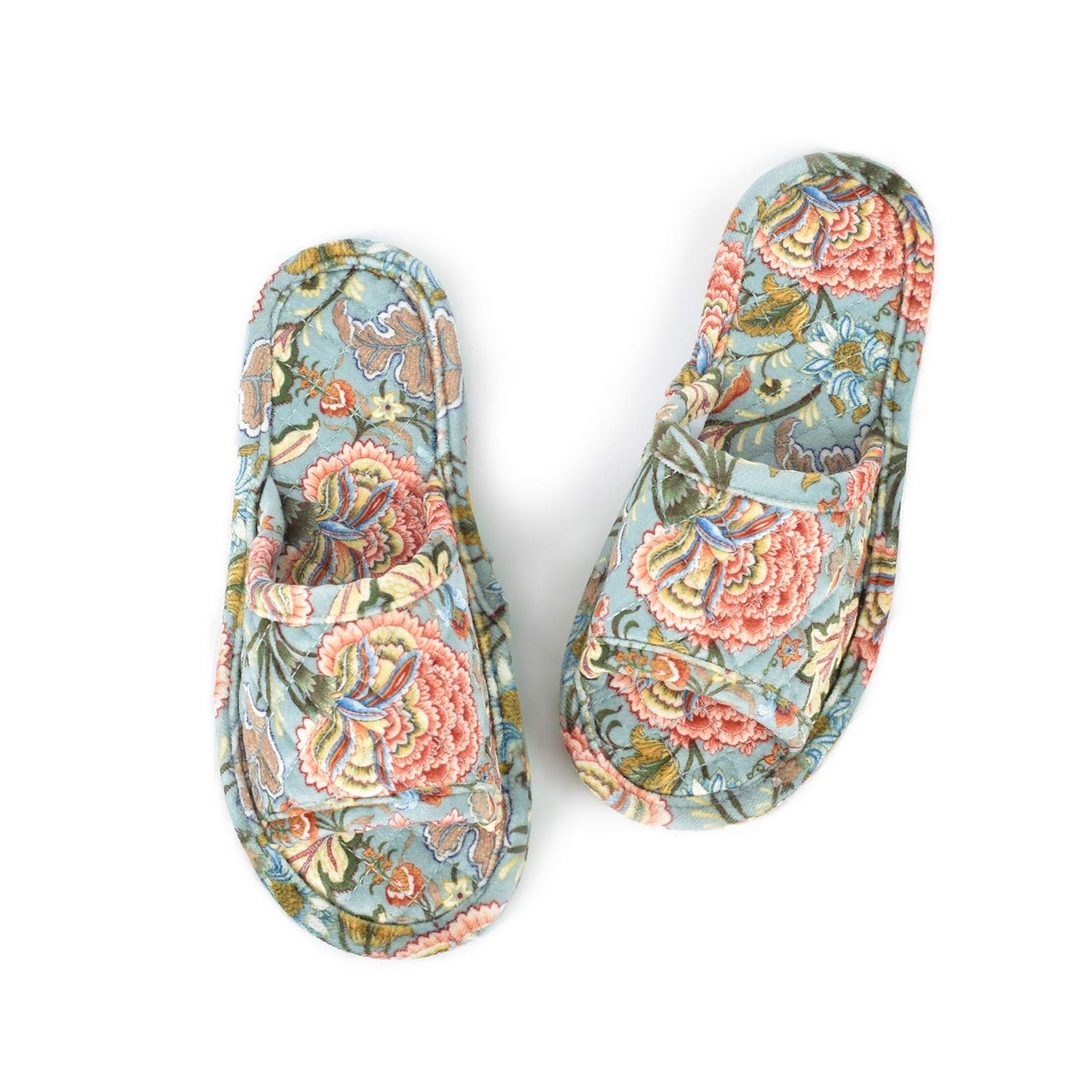 LOOPUINHOM Floral Velvet House Slippers for Women, Lightweight Open Toe Washable Portable Foldable Comfortable Guest Hotel Travel Airplane Spa Slippers Blue(8.5-9)