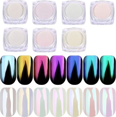 PrettyDiva 7 Colors Pearl Chrome Powder Set, Magic White Pearl Chrome Powder for Nails Aurora Iridescent Pearl Nail Chrome Powders Metallic Manicure Pigment