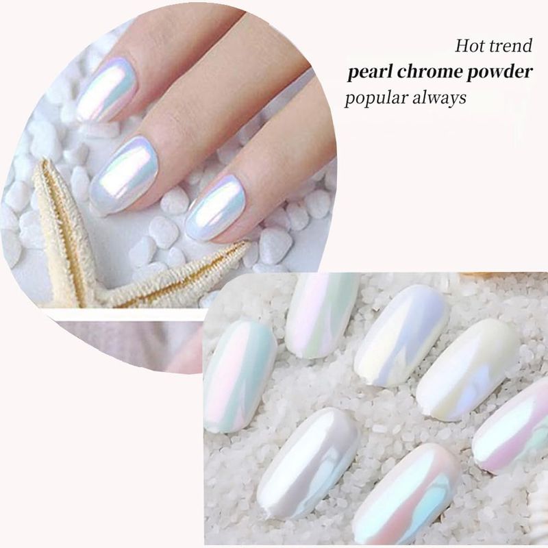 PrettyDiva 7 Colors Pearl Chrome Powder Set, Magic White Pearl Chrome Powder for Nails Aurora Iridescent Pearl Nail Chrome Powders Metallic Manicure Pigment