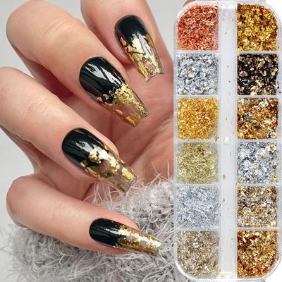 12 Grids Holographic Nail Glitter Gold Foils for Kit Sparkly Ultra-Thin Aluminum Foil Nail Art Flakes Designs Irregular Foil 3D Glitter Foil Sequins for Women DIY Manicure Charms Decorations