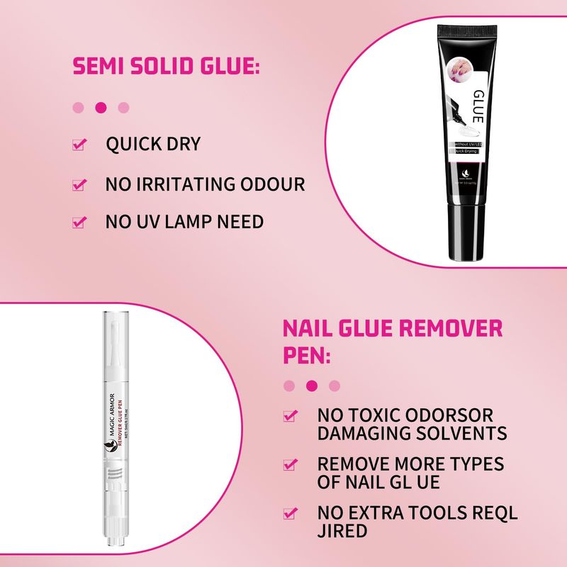 MAGIC ARMOR 15g Semi Solid Nail Glue Gel with 5ml Remover Pen, Super Glue for Press On Nails, No UV Light Needed Long Lasting, Click Removal Pen Design 3-in-1 Nail Glue Remover