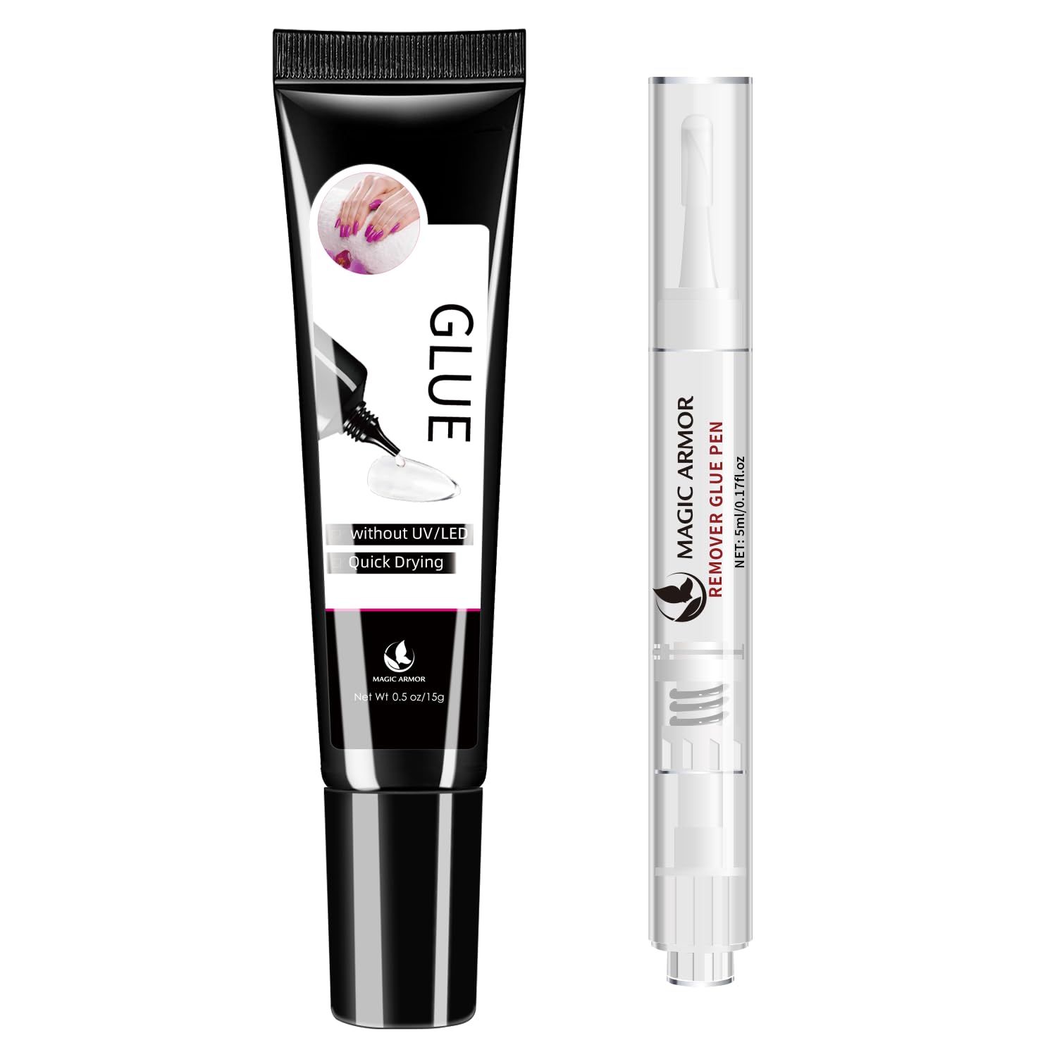 MAGIC ARMOR 15g Semi Solid Nail Glue Gel with 5ml Remover Pen, Super Glue for Press On Nails, No UV Light Needed Long Lasting, Click Removal Pen Design 3-in-1 Nail Glue Remover