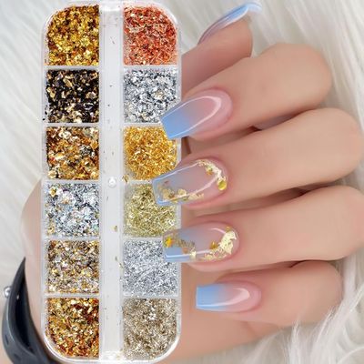 12 Grids Holographic Nail Glitter Gold Foils for Kit Sparkly Ultra-Thin Aluminum Foil Nail Art Flakes Designs Irregular Foil 3D Glitter Foil Sequins for Women DIY Manicure Charms Decorations