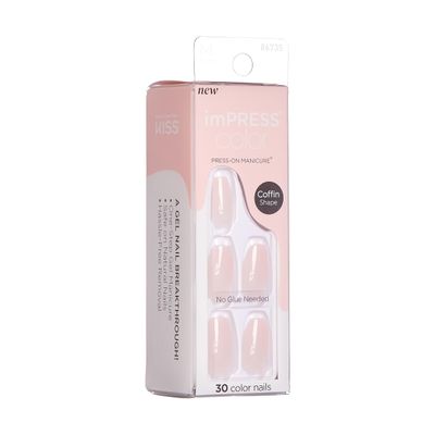 KISS imPRESS No Glue Mani Press On Nails, Color, Serendipity, Pink, Medium Size, Coffin Shape, Includes 30 Nails, Prep Pad, Instructions Sheet, 1 Manicure Stick, 1 Mini File