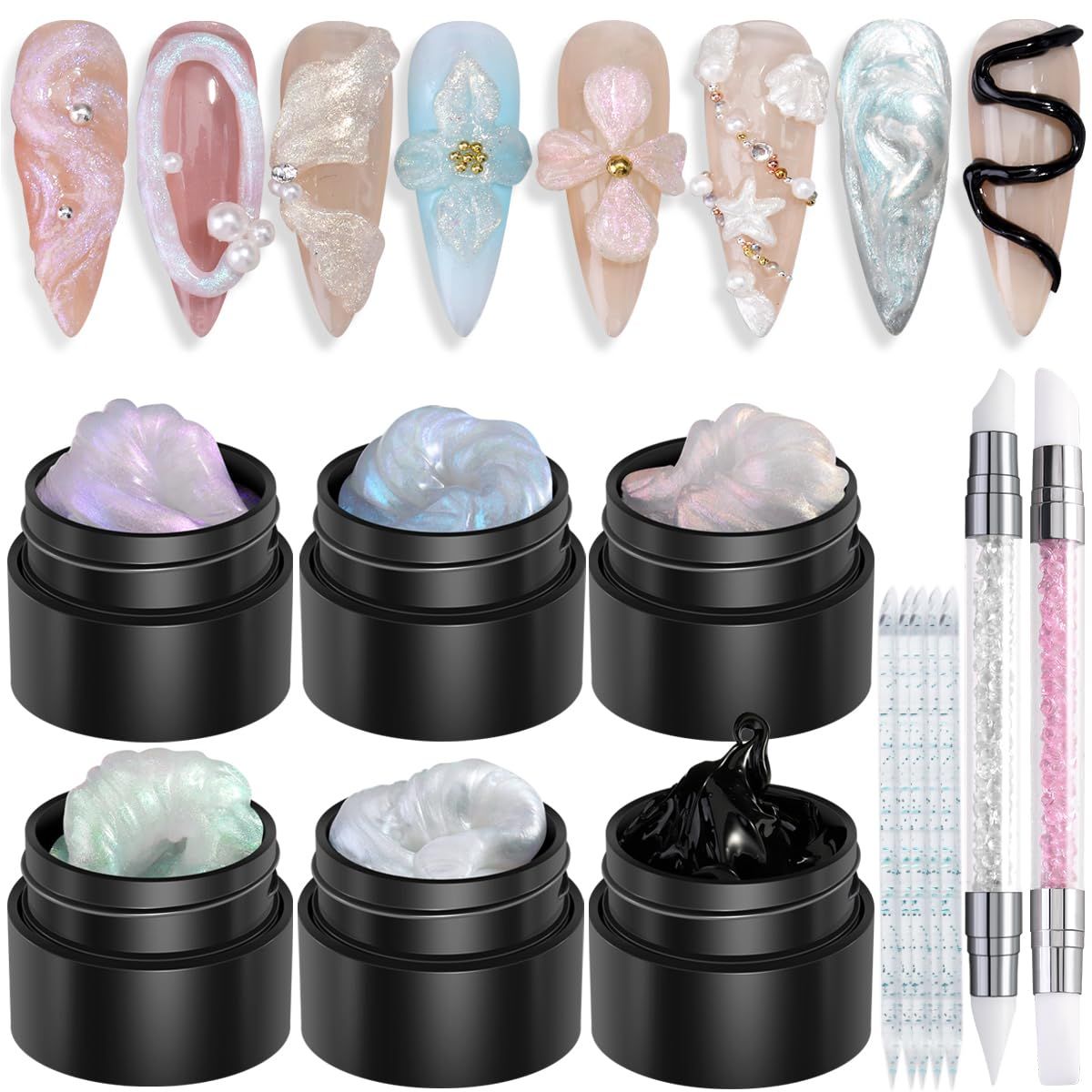 Fcozpjk Solid Builder Gel Kit, 6 Colors Non Sticky Solid Builder Gel for Nails Aurora Blue Pink Pearl White With Silicone Carving Pen Hard Gels 3D Sculpting Gels Nail Art Starter Kit