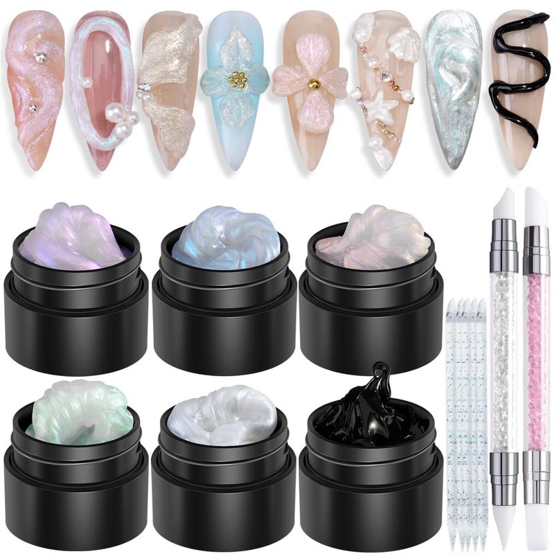 Fcozpjk Solid Builder Gel Kit, 6 Colors Non Sticky Solid Builder Gel for Nails Aurora Blue Pink Pearl White With Silicone Carving Pen Hard Gels 3D Sculpting Gels Nail Art Starter Kit