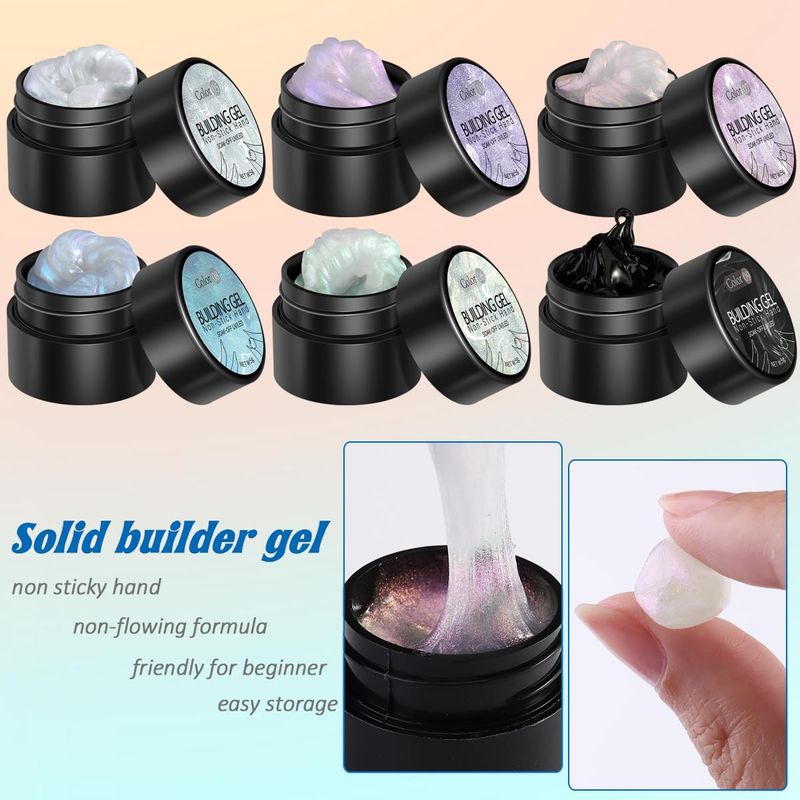Fcozpjk Solid Builder Gel Kit, 6 Colors Non Sticky Solid Builder Gel for Nails Aurora Blue Pink Pearl White With Silicone Carving Pen Hard Gels 3D Sculpting Gels Nail Art Starter Kit