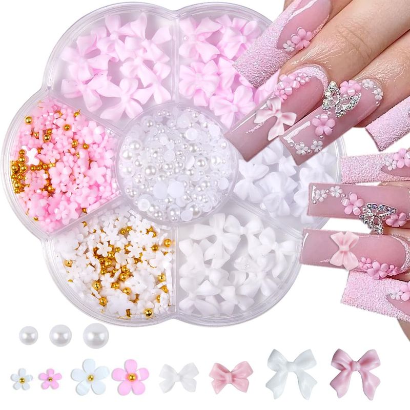 Nail Charms, Flower Bow Manicure Kit, Pink White 3D Cute Flower and Bow Nail Charms, 3D Acrylic Flowers Nail Gems with White Half Pearls Nail Art Decoration