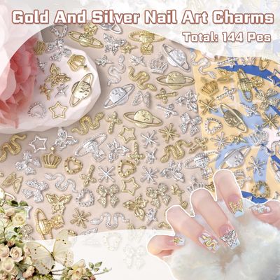 144 Pcs Silver Gold Nail Charms Y2K, 3D Butterfly Bows Planet Nail Gems Charms, Heart Cross Star Metal Nail Jewelry Charms for Nails Art Design DIY Accessories