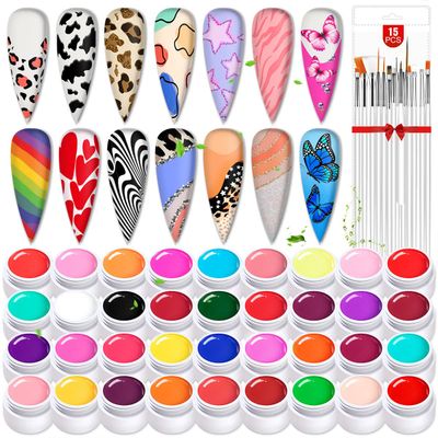 SAVILAND 36 Colors Gel Paint Nail Art Kit: Solid Gel Polish with 15 pcs Nail Art Brushes for DIY Design &amp; Salon Use