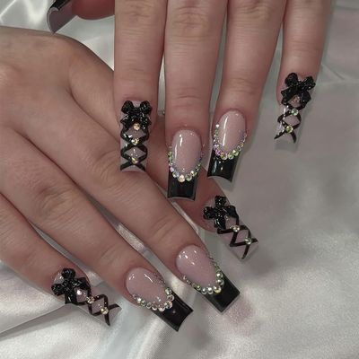 24Pcs Black French Press on Medium Square Bow Tie False Nails - Rhinestones Design Full Cover Coffin Artificial Stick on Acrylic Nails - Reusable Glue on Manicure Kit for Women