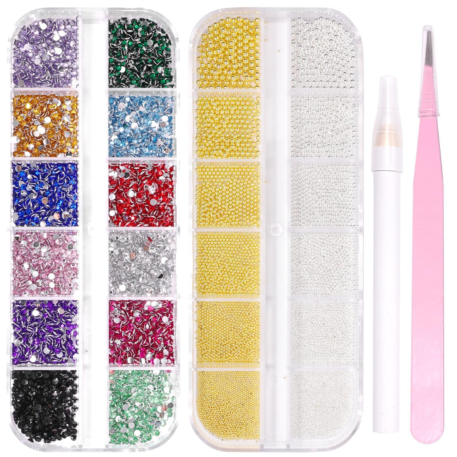 2 Boxes Colorful Nail Art Rhinestones Gold Silver Nail Caviar Beads, Flatback Round Glass Crystal Gems Steel Beads for Acrylic Nails Tips Manicure Accessories with Pickup Tool