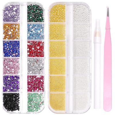 2 Boxes Colorful Nail Art Rhinestones Gold Silver Nail Caviar Beads, Flatback Round Glass Crystal Gems Steel Beads for Acrylic Nails Tips Manicure Accessories with Pickup Tool
