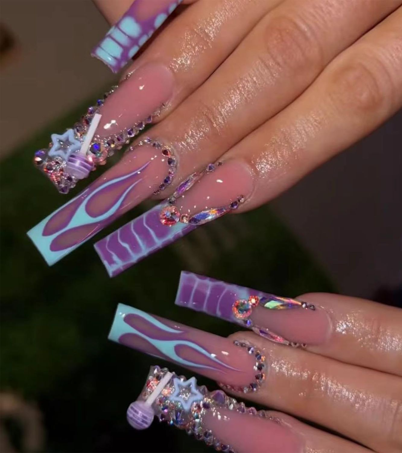 Press on Nails Extra Long - Aegenacess Square Press On Nails with 3D Star Rhinestones, Nude Blue French Tips Y2K Fake Nails with Glue Sticker, Handmade 24 pcs Stick On Nails False Nail in 12 Sizes